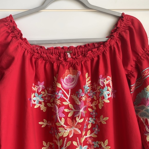 Free people women's red embroidered pullover peasant baby doll tunic top GUC - Picture 2 of 7